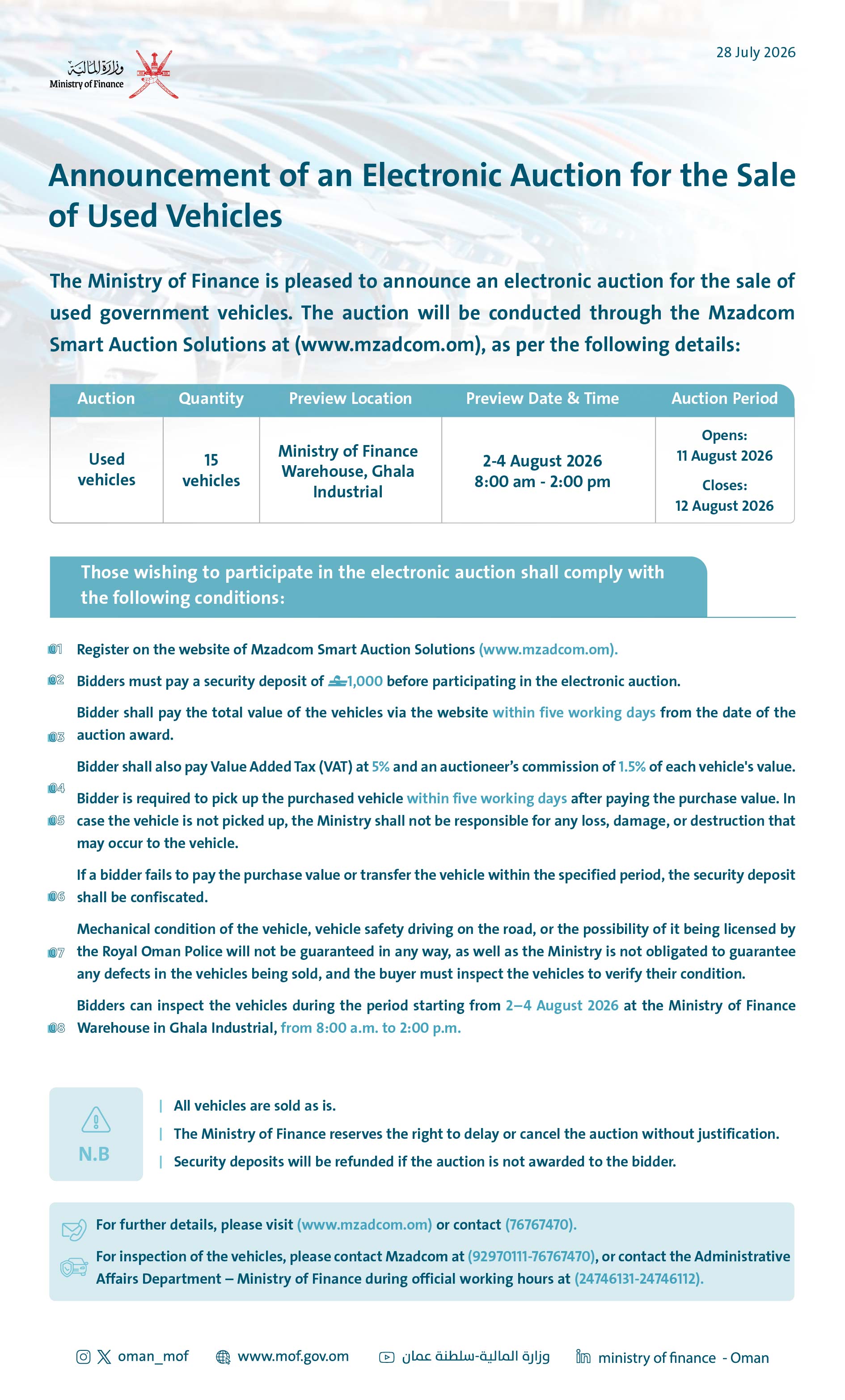 Announcement of an Electronic Auction for the Sale of Used Vehicles